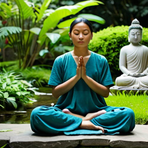 Home 18 Tranquil Meditation Scene**
A woman in modest, loose-fitting clothing, meditating peacefully in a serene garden. The garden features lush greenery, a small stone Buddha statue, and a gentle stream. Focus on her calm expression and posture. Soft, natural lighting. Perfect anatomy, correct proportions, natural pose, well-formed hands, proper finger count, natural body proportions, safe for work, appropriate content, fully clothed, peaceful, family-friendly.
**