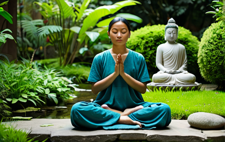 Tranquil Meditation Scene**

A woman in modest, loose-fitting clothing, meditating peacefully in a serene garden. The garden features lush greenery, a small stone Buddha statue, and a gentle stream. Focus on her calm expression and posture. Soft, natural lighting.  Perfect anatomy, correct proportions, natural pose, well-formed hands, proper finger count, natural body proportions, safe for work, appropriate content, fully clothed, peaceful, family-friendly.

**