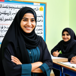**

"A professional teacher in a modest, culturally appropriate dress, smiling warmly in a bright, modern classroom filled with engaged students. The classroom is decorated with educational posters in Arabic calligraphy. Safe for work, appropriate content, fully clothed, professional, perfect anatomy, correct proportions, natural pose, well-formed hands, proper finger count, natural body proportions, high quality."

**
