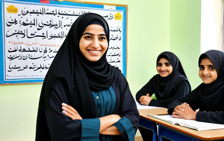 **

"A professional teacher in a modest, culturally appropriate dress, smiling warmly in a bright, modern classroom filled with engaged students. The classroom is decorated with educational posters in Arabic calligraphy. Safe for work, appropriate content, fully clothed, professional, perfect anatomy, correct proportions, natural pose, well-formed hands, proper finger count, natural body proportions, high quality."

**