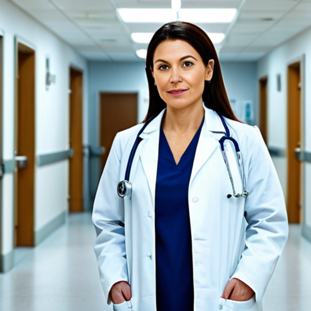 불교에서의 치유 여정 - **

"A professional female doctor, fully clothed in a modest white coat, standing in a modern hospit...