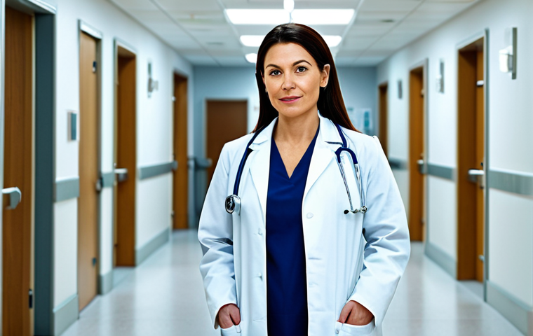 불교에서의 치유 여정 - **

"A professional female doctor, fully clothed in a modest white coat, standing in a modern hospit...
