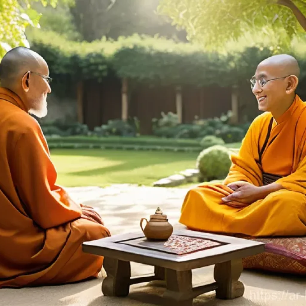 불교와 종교간 대화 - **Interfaith Dialogue in a Serene Garden:** A wise, elderly Buddhist monk, dressed in traditional sa...