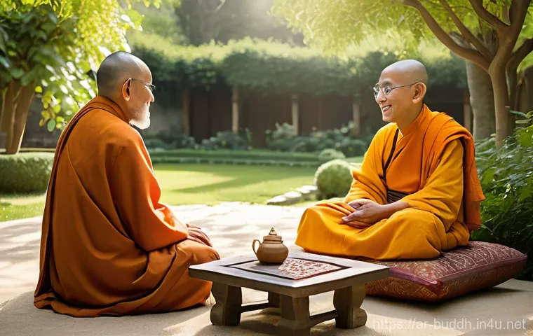 불교와 종교간 대화 - **Interfaith Dialogue in a Serene Garden:** A wise, elderly Buddhist monk, dressed in traditional sa...