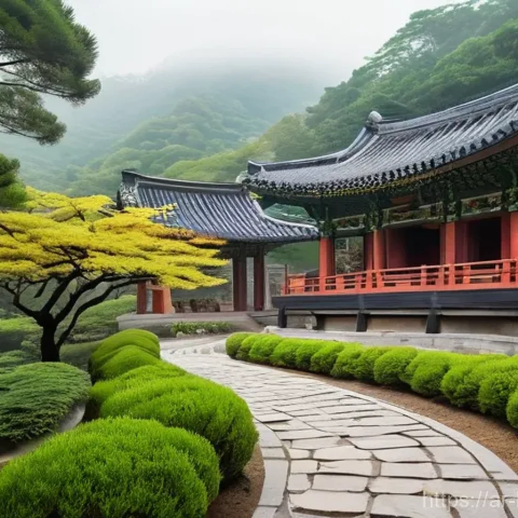 한국 불교의 역사 - **Prompt 1: Ancient Serenity of a Mountain Temple**
    "A breathtakingly serene and ancient Korean ...