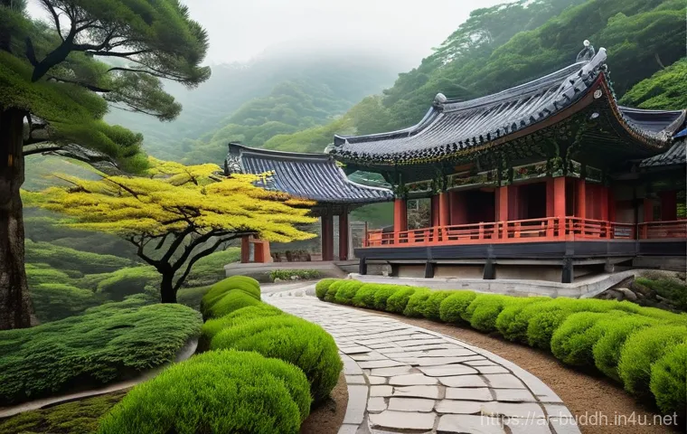 한국 불교의 역사 - **Prompt 1: Ancient Serenity of a Mountain Temple**
    "A breathtakingly serene and ancient Korean ...
