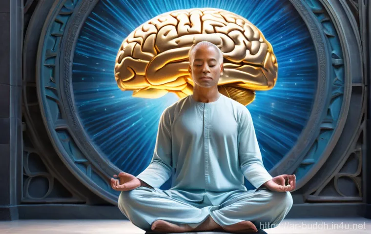 불교와 현대 과학 - **Prompt:** A serene, diverse individual sits in a comfortable, modest meditation posture (e.g., cro...