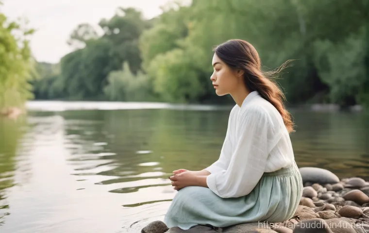 불교와 영혼의 존재 - **The Flow of Consciousness:** A serene young adult, gender-neutral, wearing modest, comfortable lig...