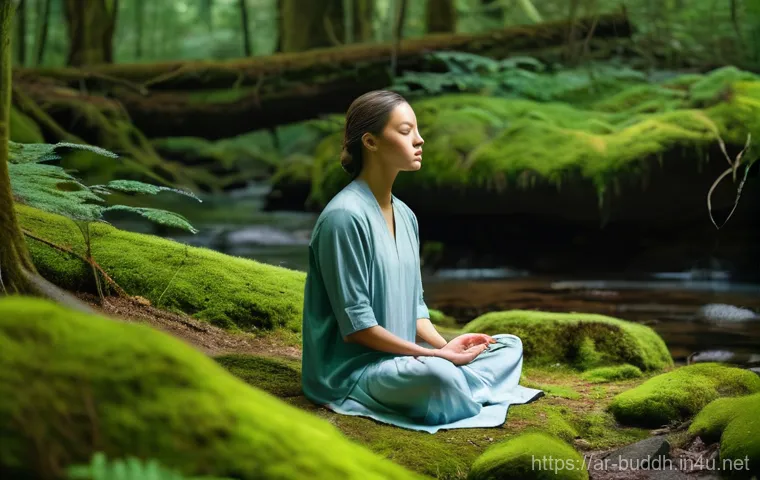 불교와 영혼의 존재 - **The Flow of Consciousness:** A serene young adult, gender-neutral, wearing modest, comfortable lig...