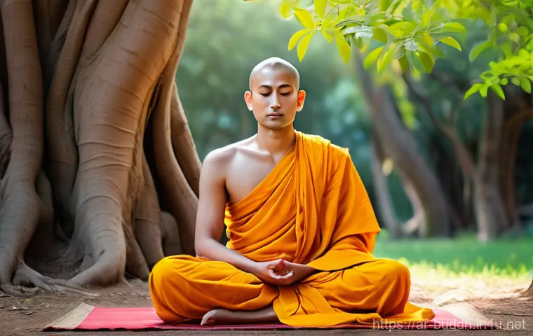 불교의 다양성 존중 - **Enlightenment Under the Bodhi Tree:** A young man, Siddhartha Gautama, in his early thirties, sits...