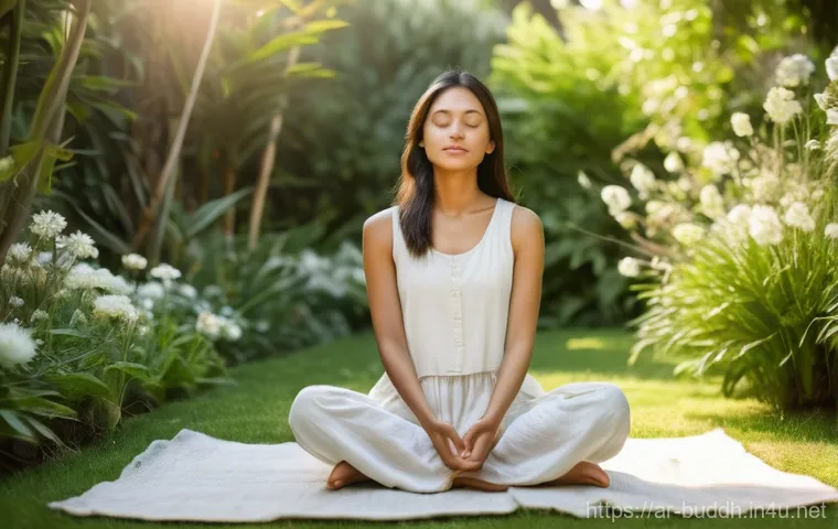불교에서의 내적 성찰 - A serene young woman, aged around 20-25, sits cross-legged in a calm, sun-drenched garden, her eyes ...