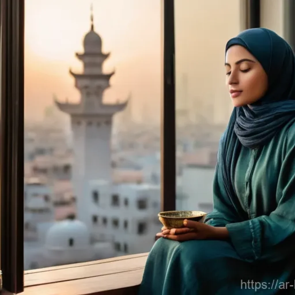 불교에서의 의식 확장 - **Prompt:** "A serene young Arab woman in her late 20s, wearing a modest, flowy long-sleeved dress a...