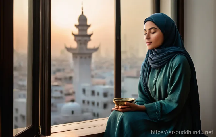 불교에서의 의식 확장 - **Prompt:** "A serene young Arab woman in her late 20s, wearing a modest, flowy long-sleeved dress a...