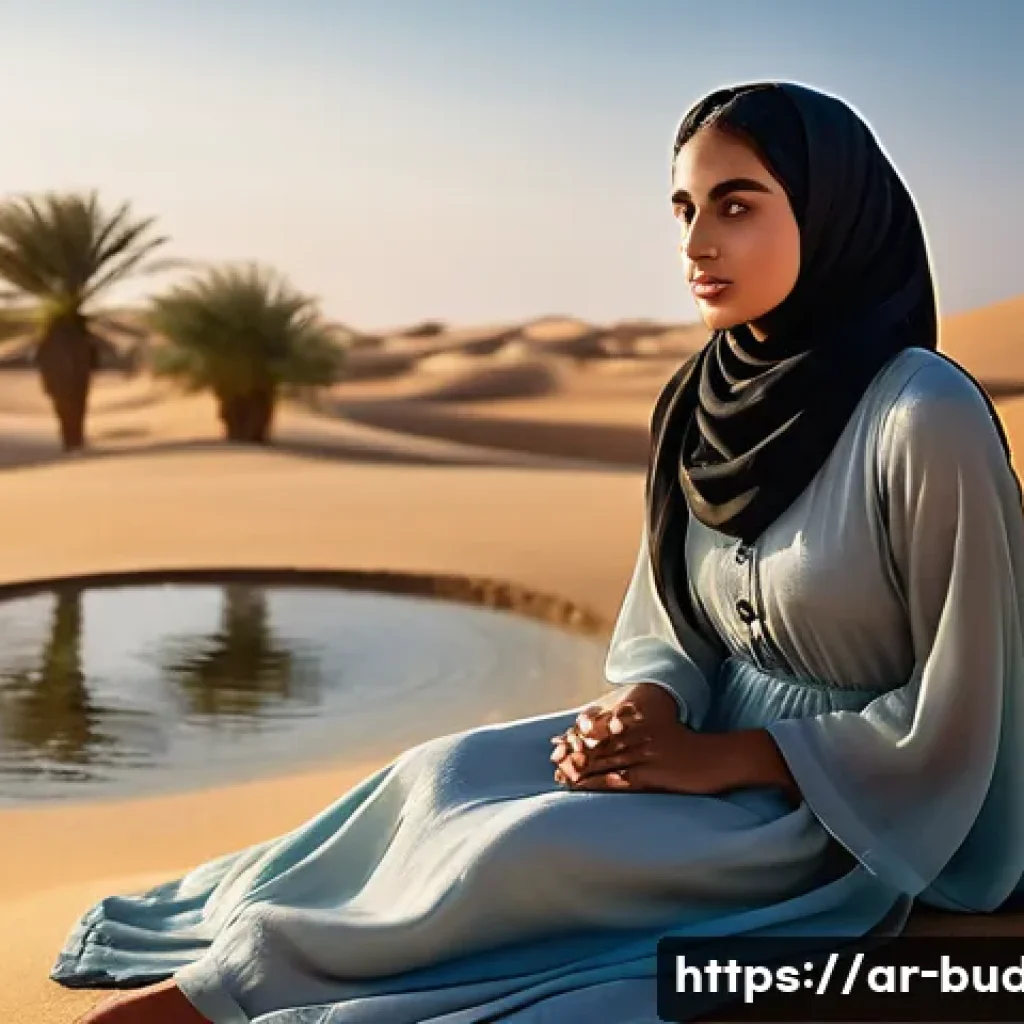 불교 철학자들 - **A serene desert oasis scene at sunset.** *A young Arab woman, around 25 years old, with flowing da...