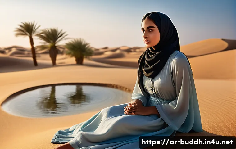 불교 철학자들 - **A serene desert oasis scene at sunset.** *A young Arab woman, around 25 years old, with flowing da...