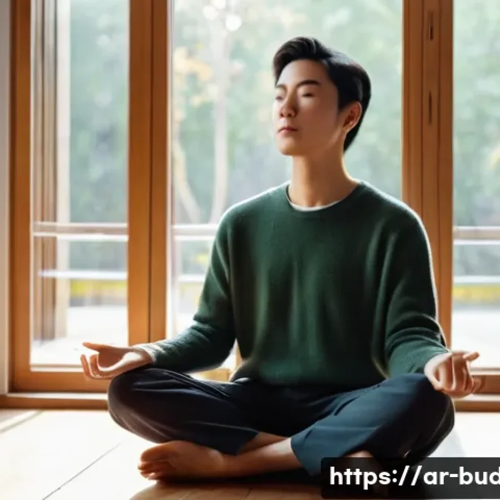 불교의 사유 방식 - A person, either a woman or a man, sitting calmly in a sunlit room, practicing mindful breathing. Th...