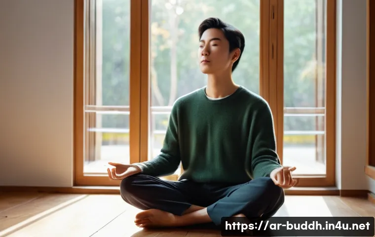 불교의 사유 방식 - A person, either a woman or a man, sitting calmly in a sunlit room, practicing mindful breathing. Th...