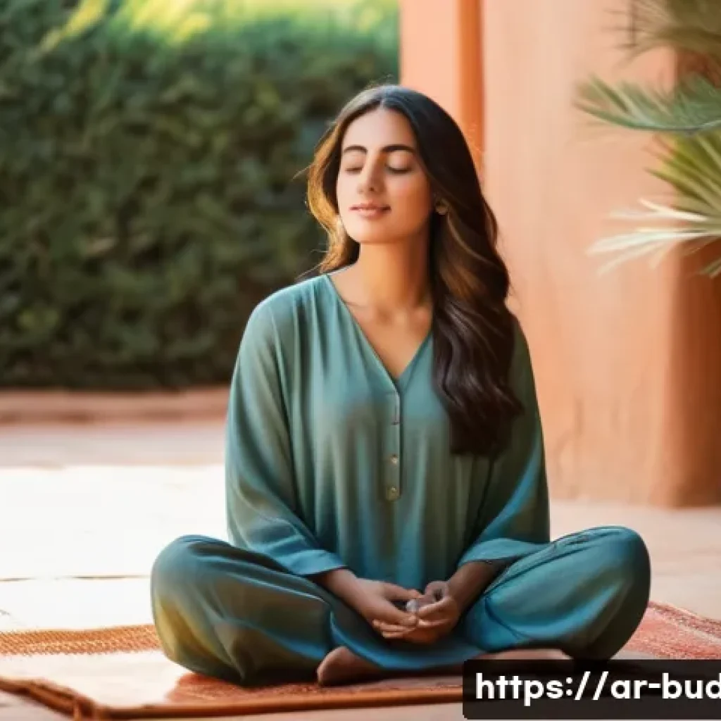 불교에서의 비움 - **Prompt:** A serene young woman of Middle Eastern descent, dressed in a modest yet elegant contempo...