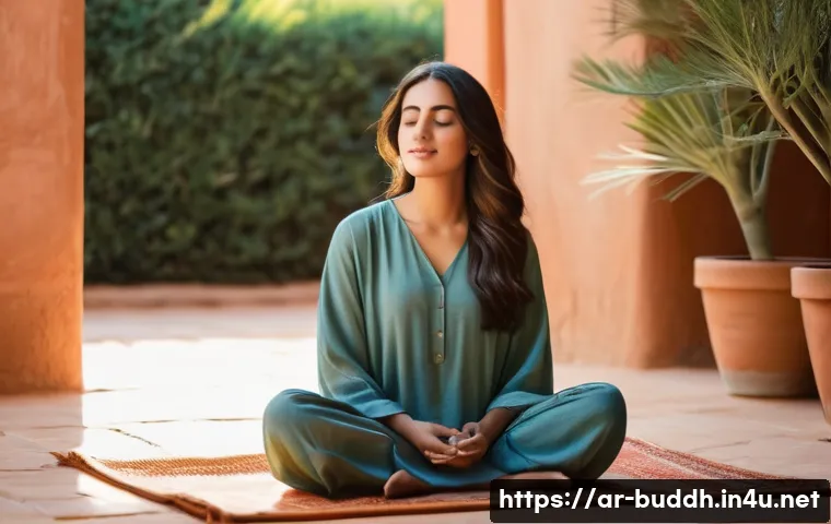 불교에서의 비움 - **Prompt:** A serene young woman of Middle Eastern descent, dressed in a modest yet elegant contempo...