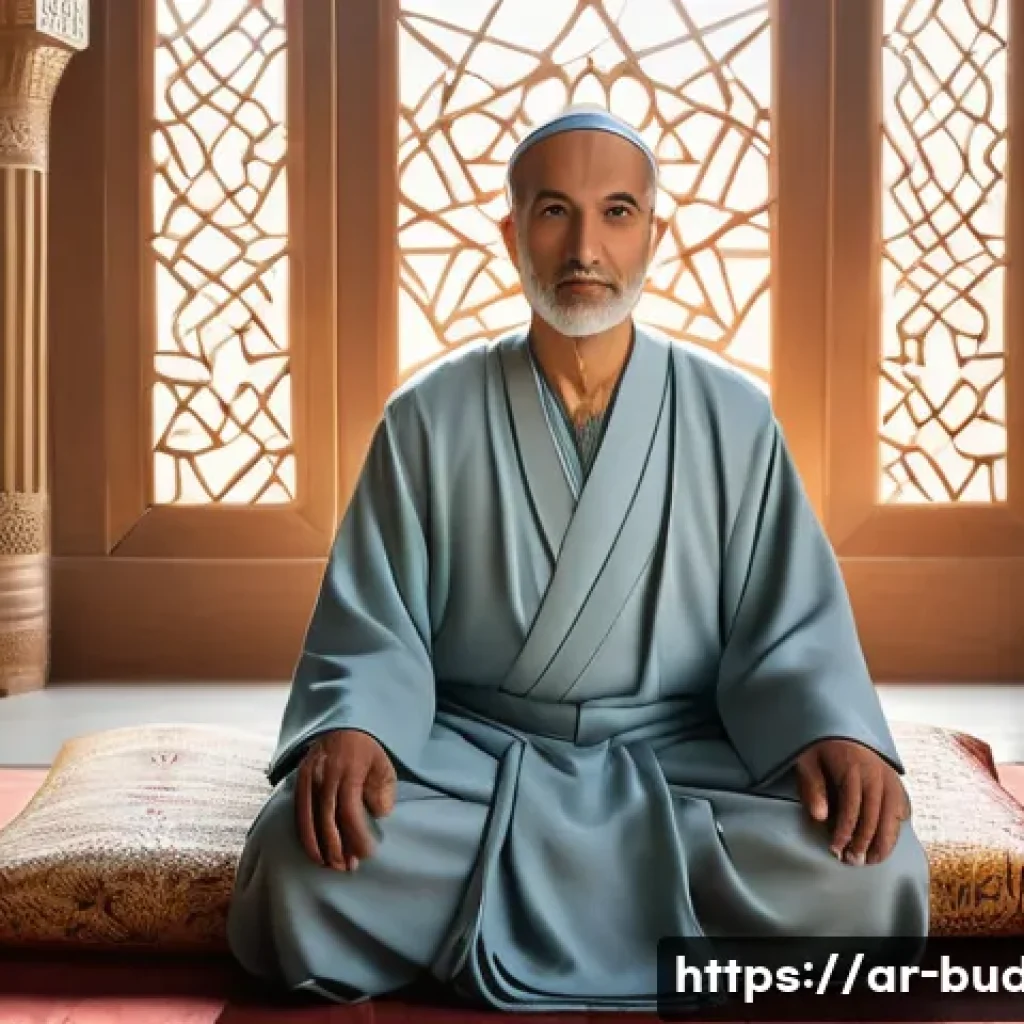 불교와 학문적 연구 - **Prompt:** A serene, wise individual, appearing to be a scholar or ancient philosopher from the Mid...