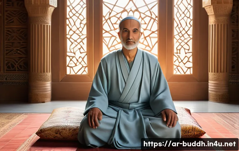 불교와 학문적 연구 - **Prompt:** A serene, wise individual, appearing to be a scholar or ancient philosopher from the Mid...