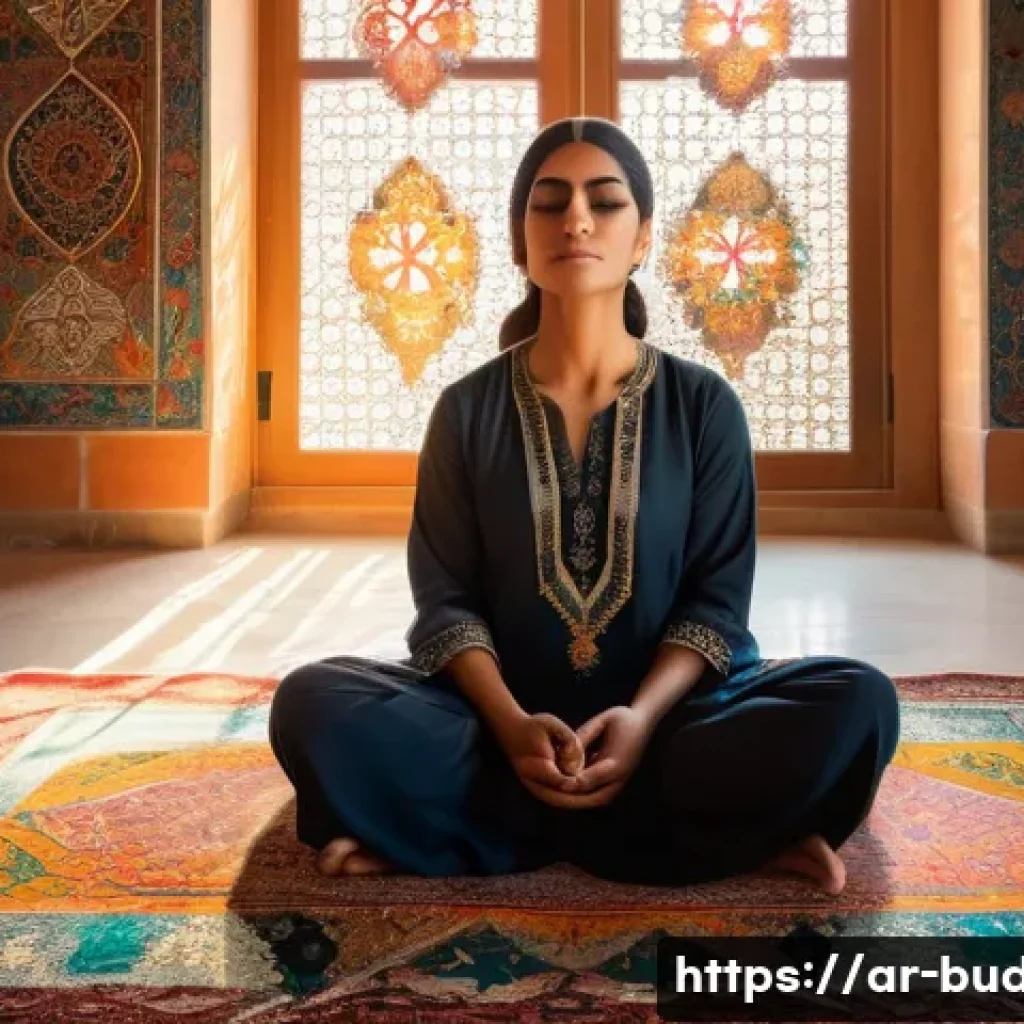 불교에서의 지혜와 사랑 - A serene Middle Eastern woman wearing modest traditional clothing, sitting cross-legged on a colorfu...
