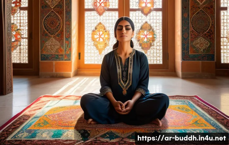 불교에서의 지혜와 사랑 - A serene Middle Eastern woman wearing modest traditional clothing, sitting cross-legged on a colorfu...