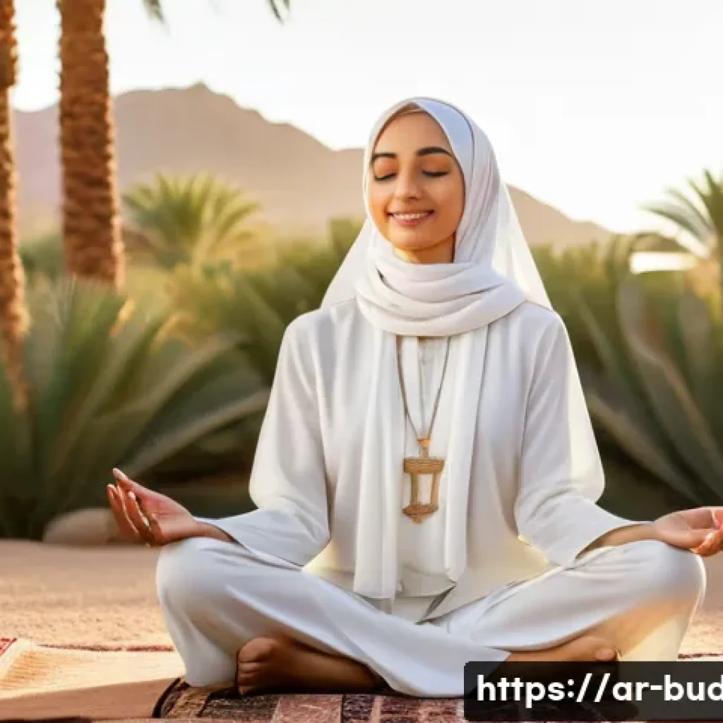 불교에서의 행복론 - A serene Middle Eastern woman wearing modest, traditional clothing and a flowing hijab, sitting cros...