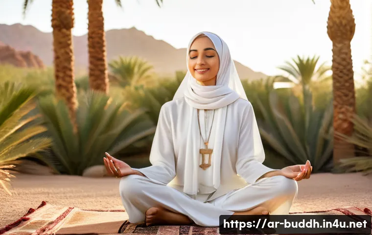 불교에서의 행복론 - A serene Middle Eastern woman wearing modest, traditional clothing and a flowing hijab, sitting cros...