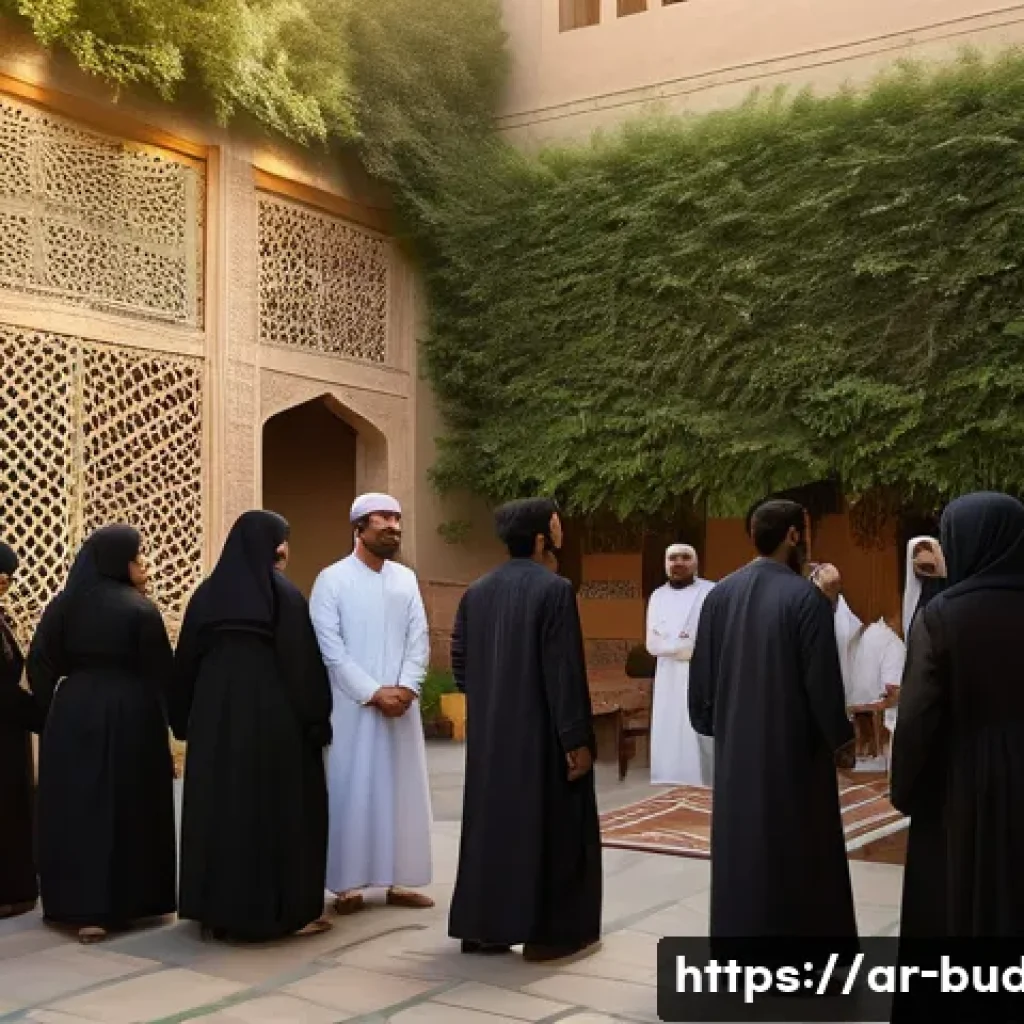 불교에서의 기부 문화 - A serene scene of a Middle Eastern community gathering in a sunlit courtyard during the golden hour,...