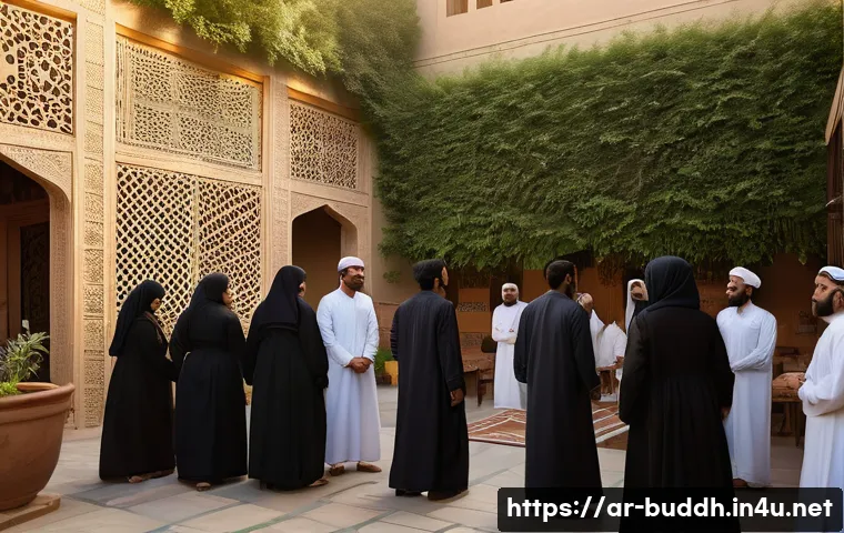 불교에서의 기부 문화 - A serene scene of a Middle Eastern community gathering in a sunlit courtyard during the golden hour,...