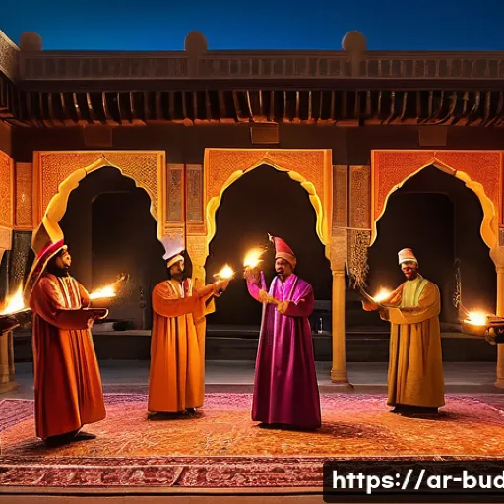 불교와 연극 - A vibrant spiritual ritual performance set in a traditional Middle Eastern courtyard at twilight, fe...