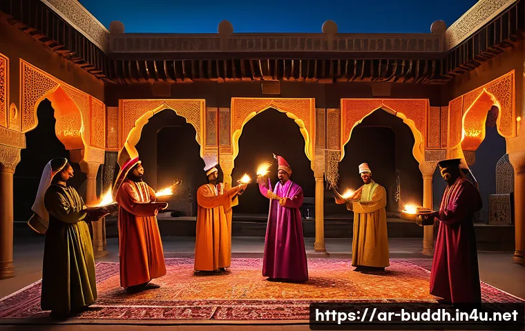 불교와 연극 - A vibrant spiritual ritual performance set in a traditional Middle Eastern courtyard at twilight, fe...