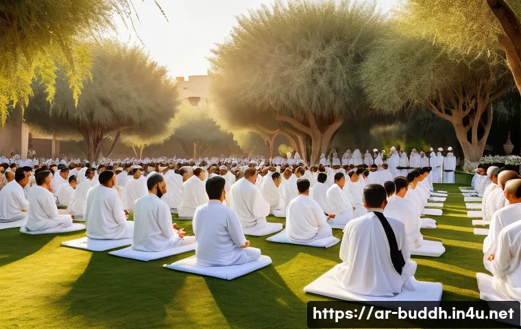 불교에서의 죽음과 장례 - A serene Buddhist funeral ceremony in an Arabic cultural setting, featuring a diverse group of peopl...