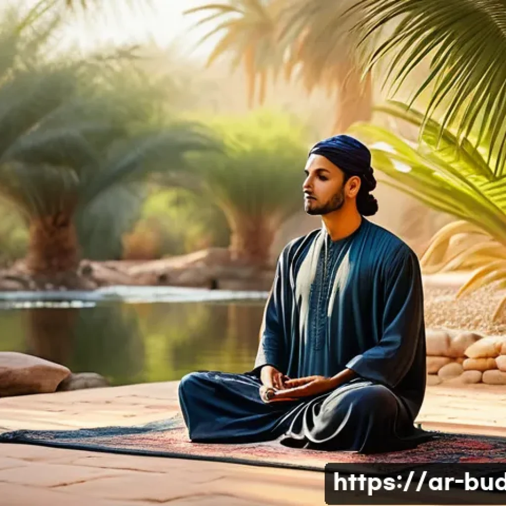 불교의 명상 음악 - A serene natural meditation scene set in a lush Arabian garden at dawn, featuring a small gently flo...