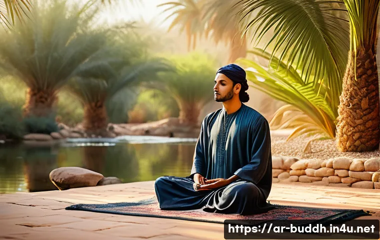 불교의 명상 음악 - A serene natural meditation scene set in a lush Arabian garden at dawn, featuring a small gently flo...