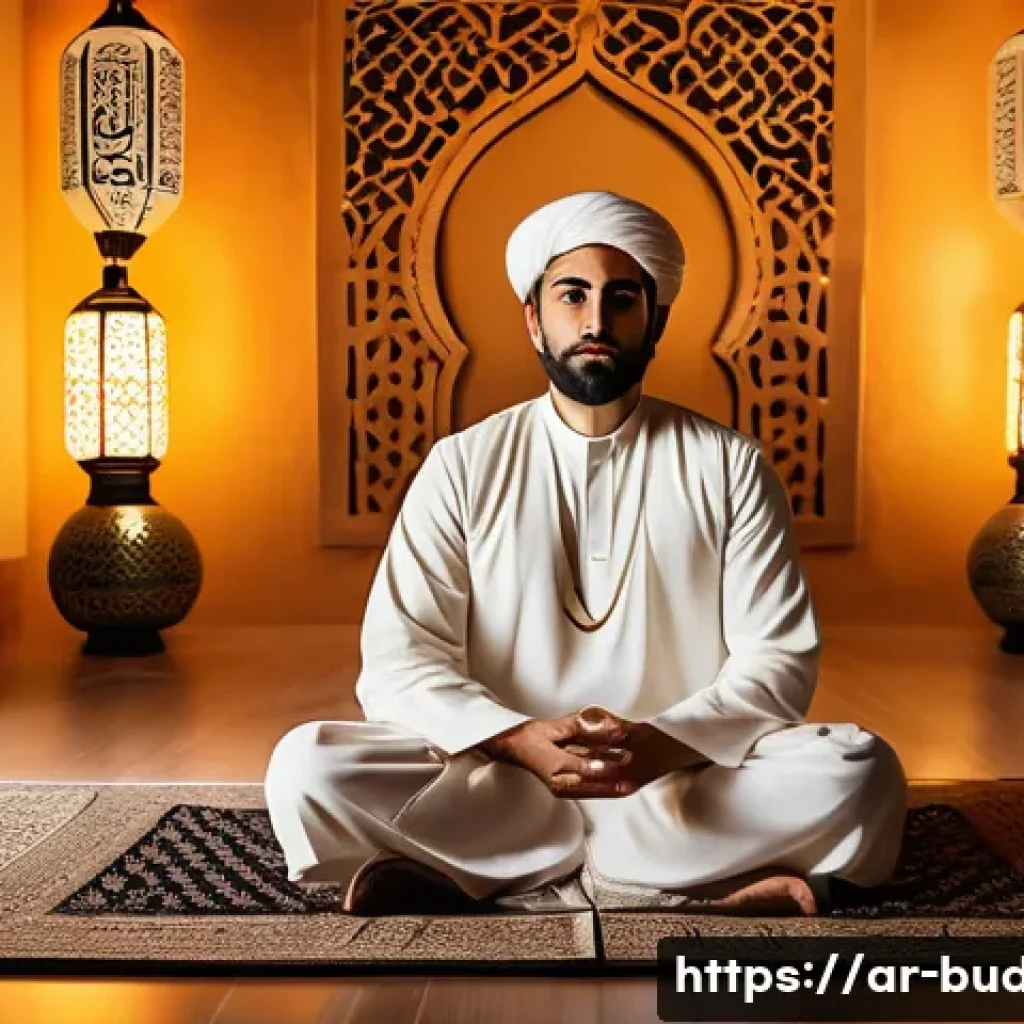 불교에서의 진리 - A serene Middle Eastern man in traditional modest clothing sitting cross-legged on an intricately pa...