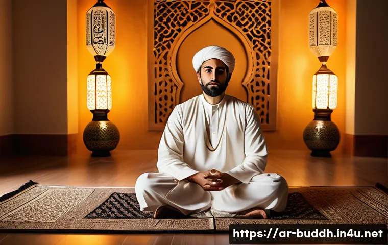 불교에서의 진리 - A serene Middle Eastern man in traditional modest clothing sitting cross-legged on an intricately pa...