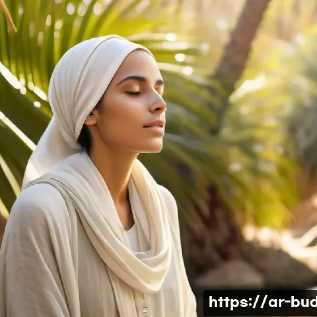 불교와 무속 - A serene Middle Eastern woman practicing deep mindful breathing in a lush, sunlit oasis surrounded b...