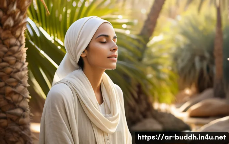 불교와 무속 - A serene Middle Eastern woman practicing deep mindful breathing in a lush, sunlit oasis surrounded b...