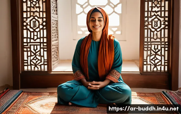 불교와 인간의 한계 - A serene Middle Eastern woman in modest traditional clothing sitting cross-legged on a prayer rug in...