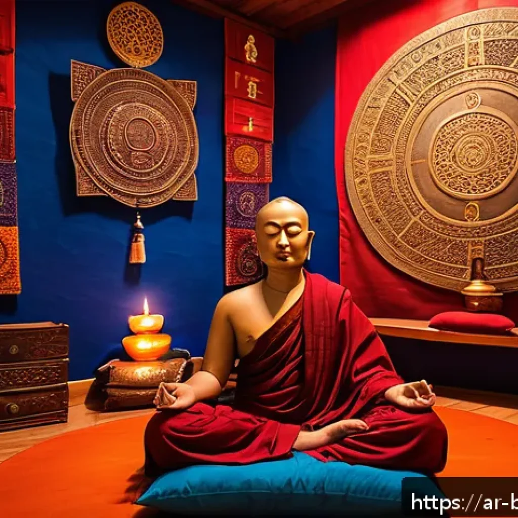 티베트 라마교 - A serene Tibetan meditation room bathed in soft, warm lighting with traditional spiritual symbols su...