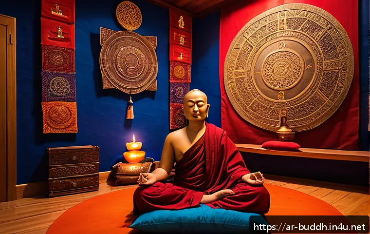티베트 라마교 - A serene Tibetan meditation room bathed in soft, warm lighting with traditional spiritual symbols su...