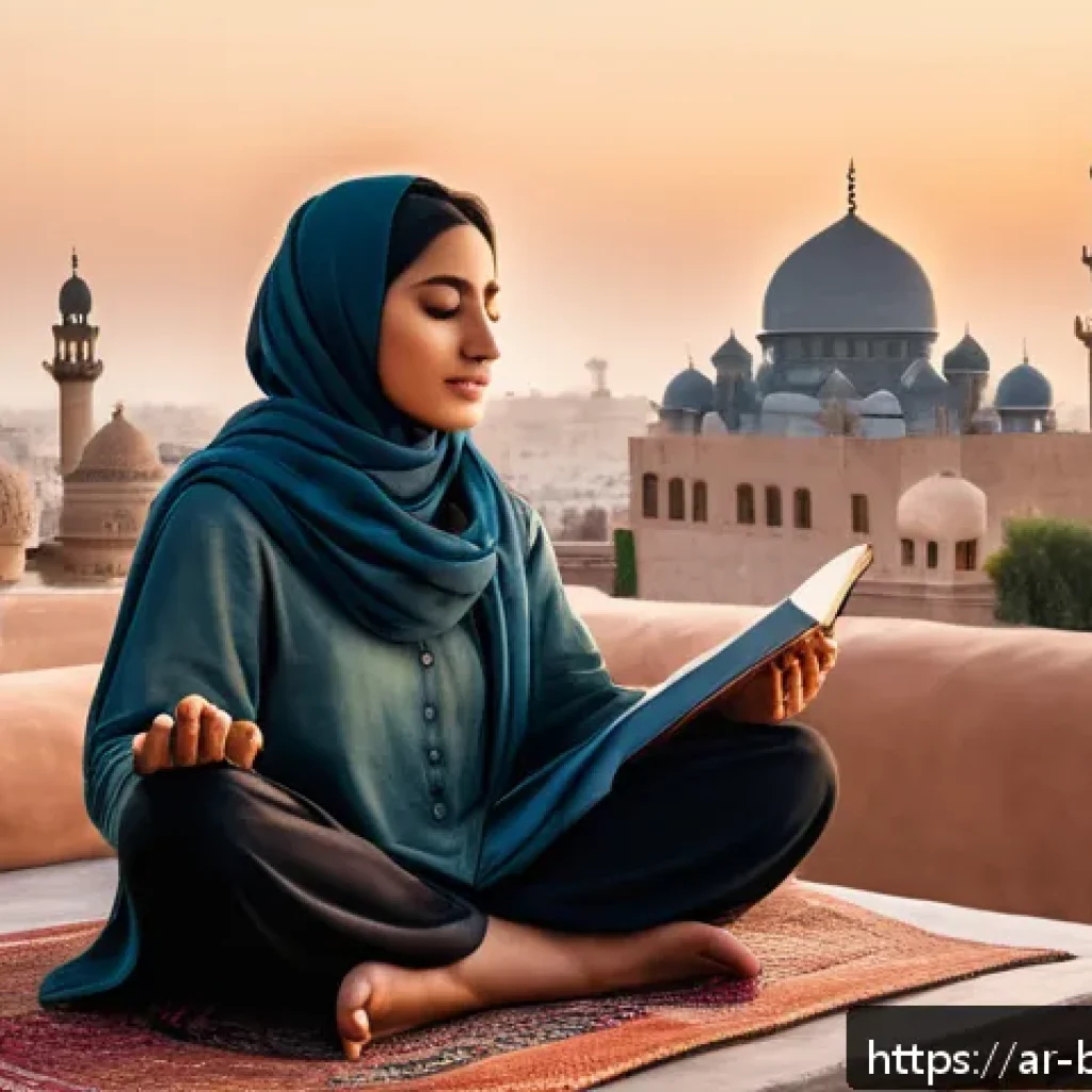 불교에서의 긍정심리학 - A serene Middle Eastern woman practicing mindful meditation at sunrise on a traditional rooftop terr...