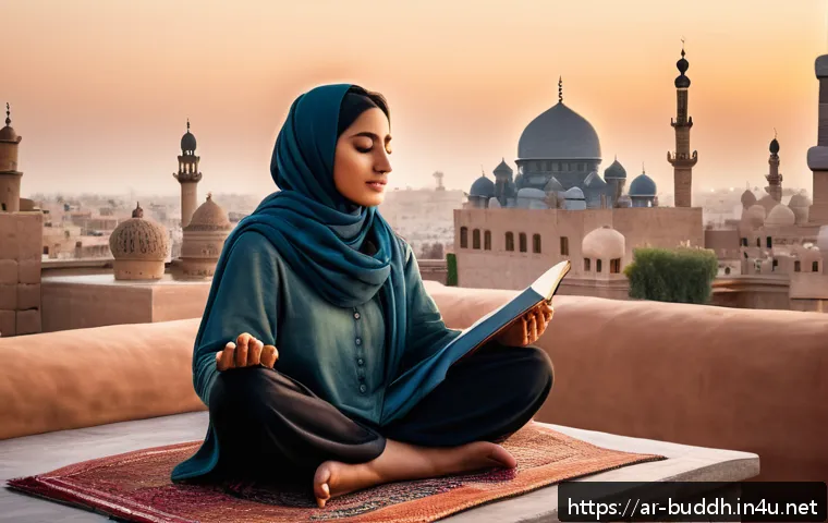 불교에서의 긍정심리학 - A serene Middle Eastern woman practicing mindful meditation at sunrise on a traditional rooftop terr...
