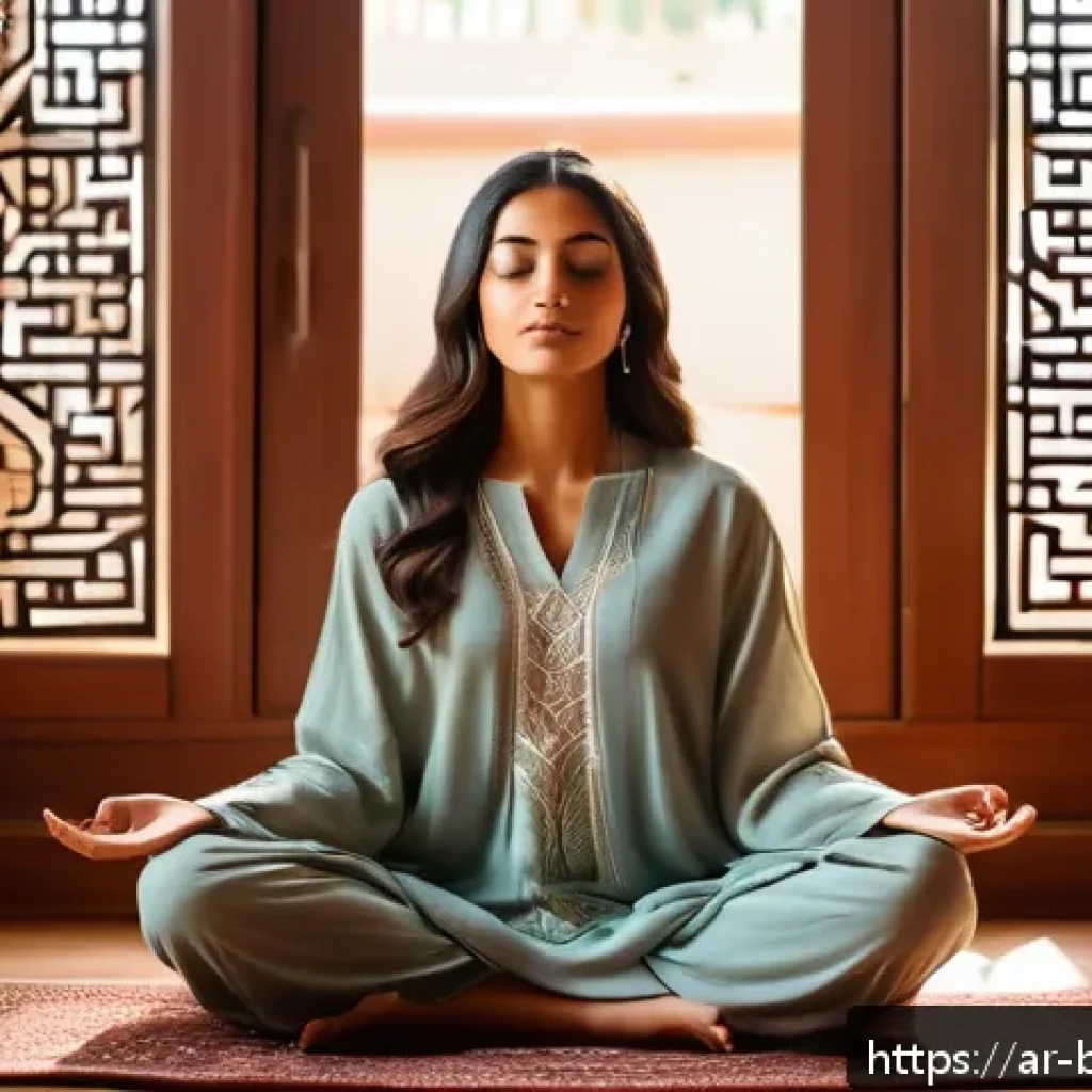 불교에서의 내적 여정 - A serene Middle Eastern woman practicing mindful meditation in a traditional living room decorated w...