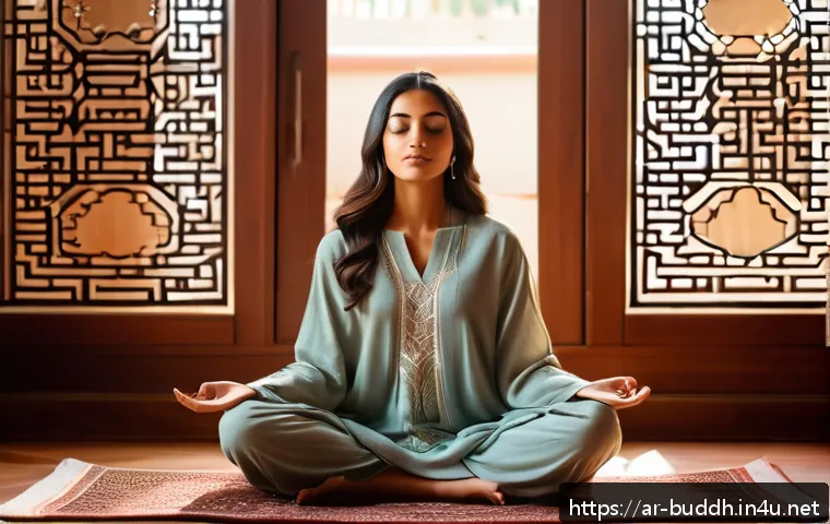 불교에서의 내적 여정 - A serene Middle Eastern woman practicing mindful meditation in a traditional living room decorated w...