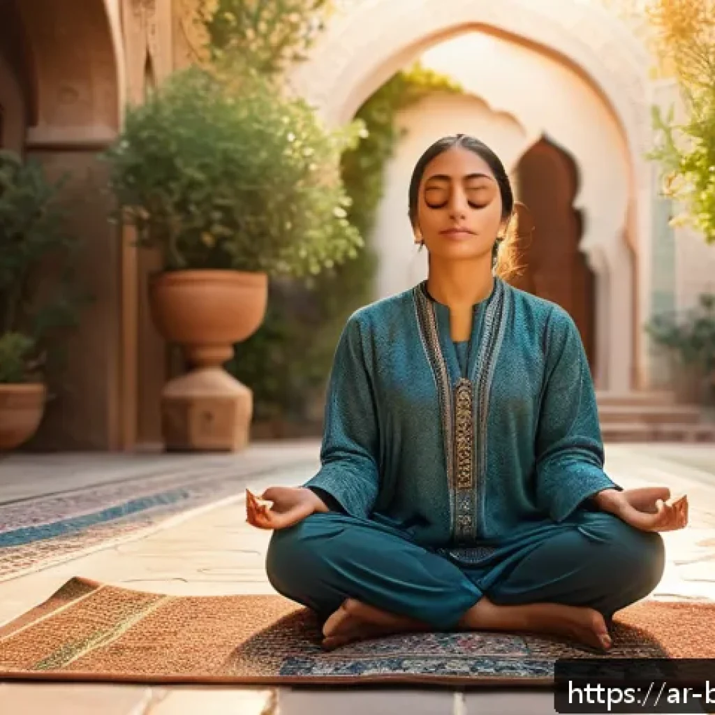 불교의 깨달음 과정 - A serene scene of a Middle Eastern woman practicing mindful meditation at sunrise in a traditional A...