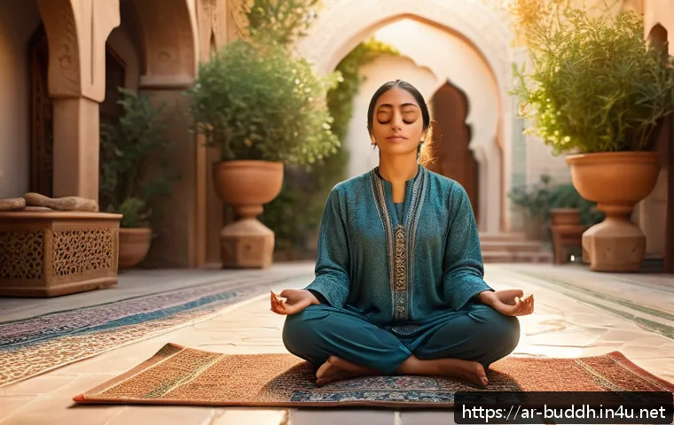 불교의 깨달음 과정 - A serene scene of a Middle Eastern woman practicing mindful meditation at sunrise in a traditional A...