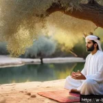 Home 22 불교와 자연 - A serene Middle Eastern garden scene at dawn, featuring an Arab man practicing mindful meditation ne...